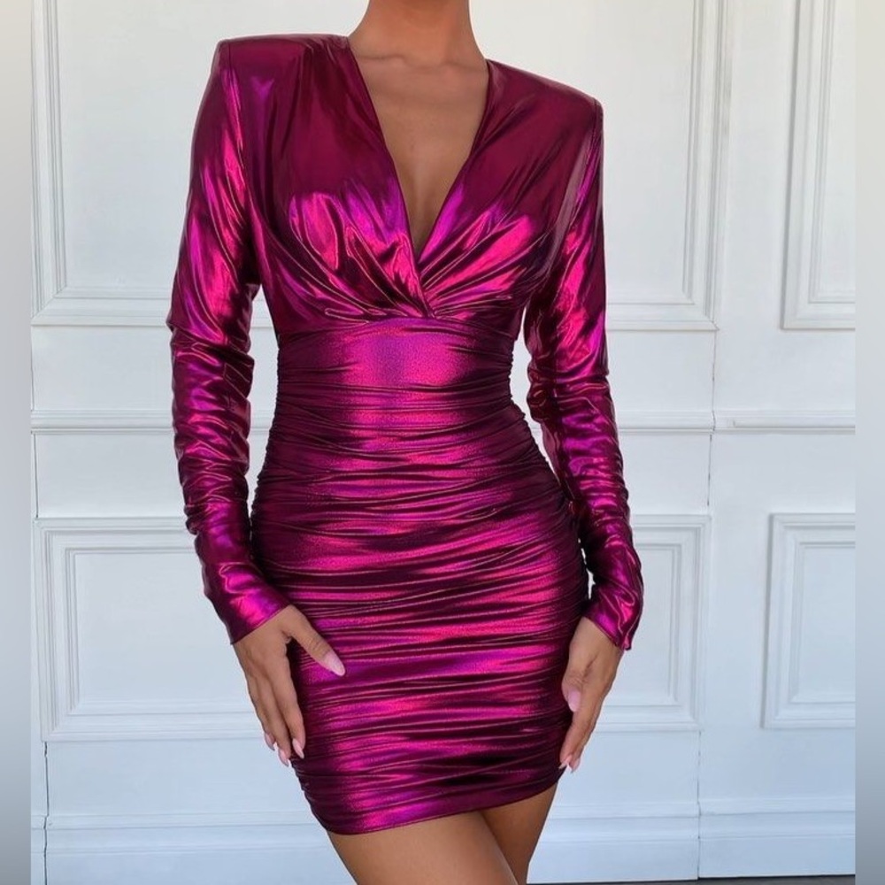 House of CB Zandra Metallic Pink Fuchsia Ruched Long Sleeve Mini Dress XS ✨💖